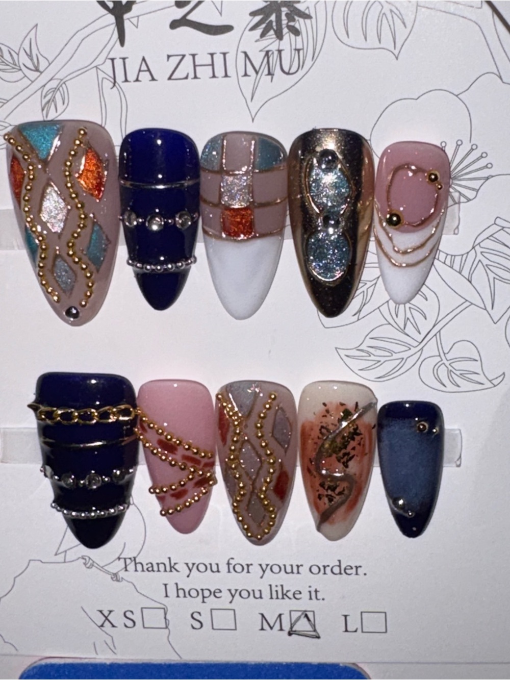 Pink & Navy Decorative Press-On Nail Set with Gold Accents